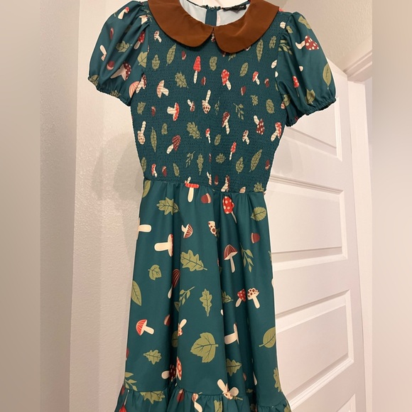 Smak Parlour Dresses & Skirts - Teal Mushroom Print Mini Dress with Brown Peter Pan Collar
